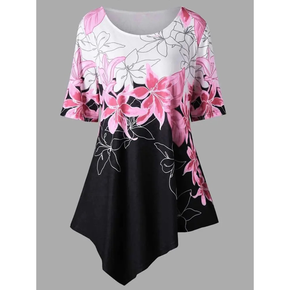 Women Elegant Floral Print Irregular Hem Blouse