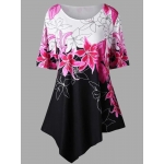 Women Elegant Floral Print Irregular Hem Blouse