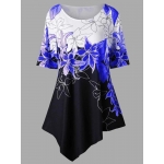 Women Elegant Floral Print Irregular Hem Blouse