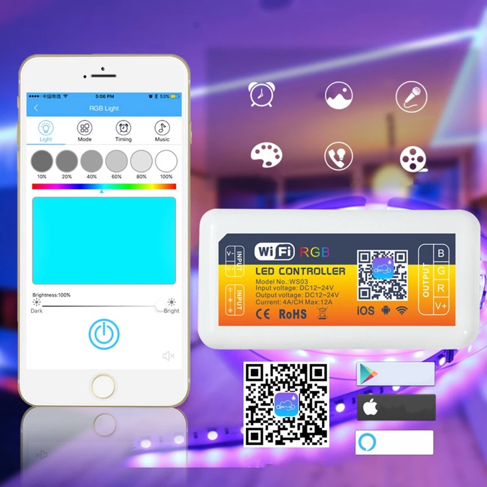 DC12/24V 12A Smart Wifi APP Control RGB LED Strip Light Controller Work With Alexa Google Assistant