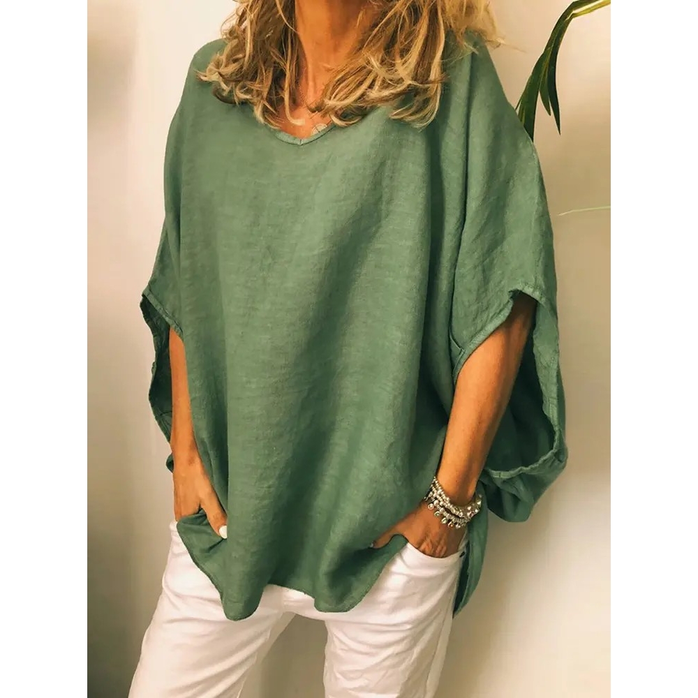 Plus size Solid Color Breathable Batwing Sleeve Loose Blouse