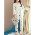 Women Funny Cartoon Cat Print Round Neck Pocket Long Sleeve Home Pajama Set