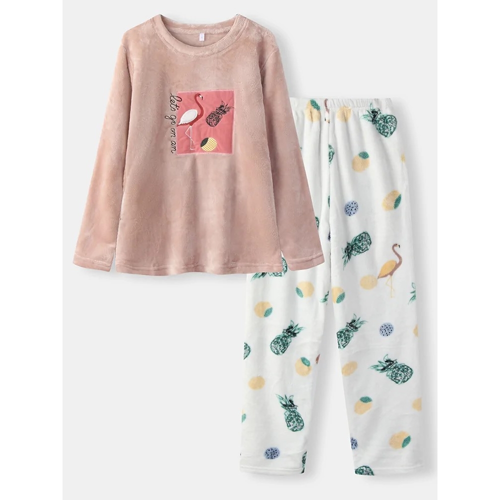 Women Flamingo Embroidery Flannel Thick Pineapple Print Pants Plus Size Pajamas Sets