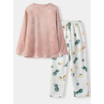 Women Flamingo Embroidery Flannel Thick Pineapple Print Pants Plus Size Pajamas Sets