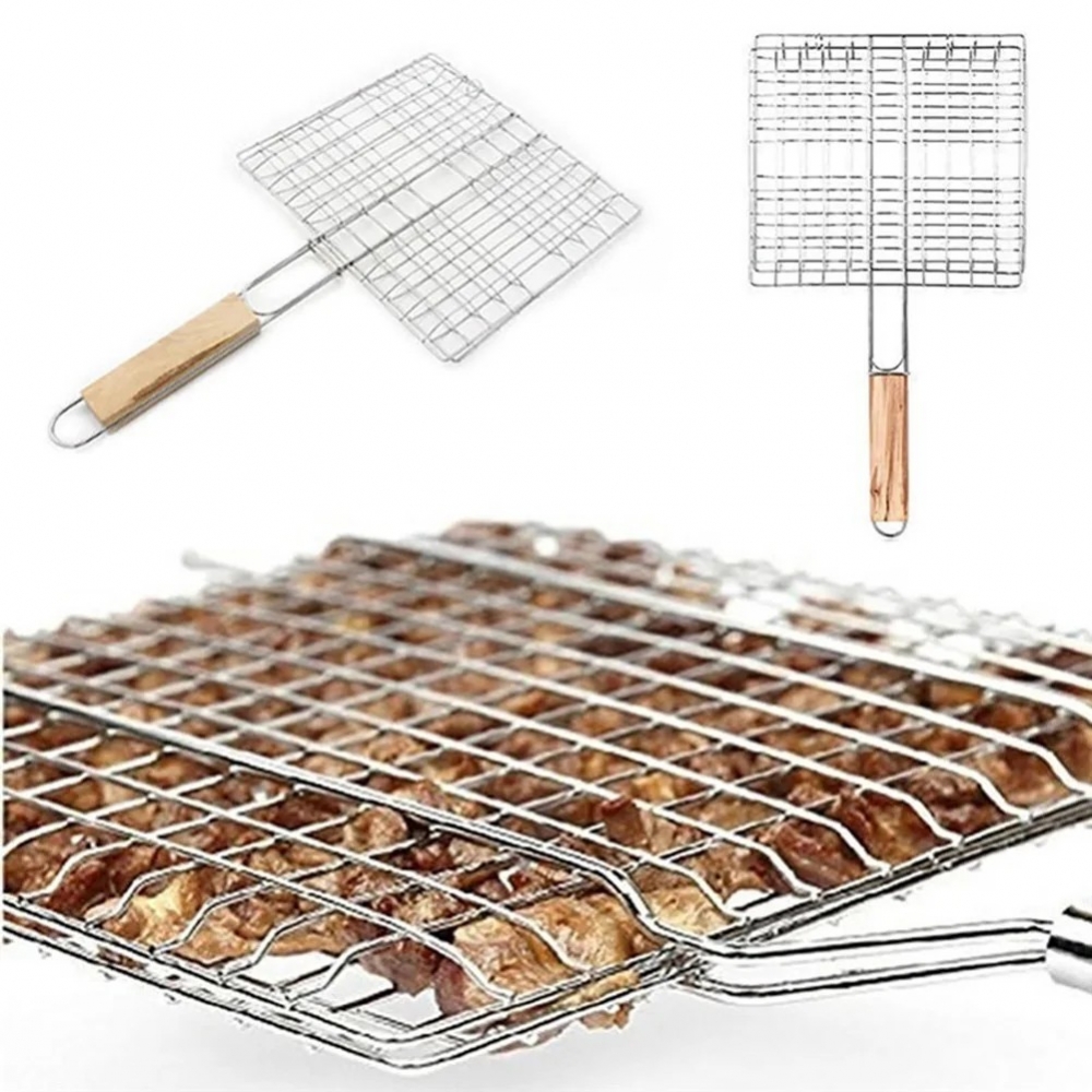 IPRee®  Iron Wire Barbecue Grilling Basket BBQ Net Wooden Handle Meat Fish Clip Holder