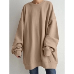 Women Puff Sleeve Crew Neck Solid Color Hem Long Sleeve Sweatshirts