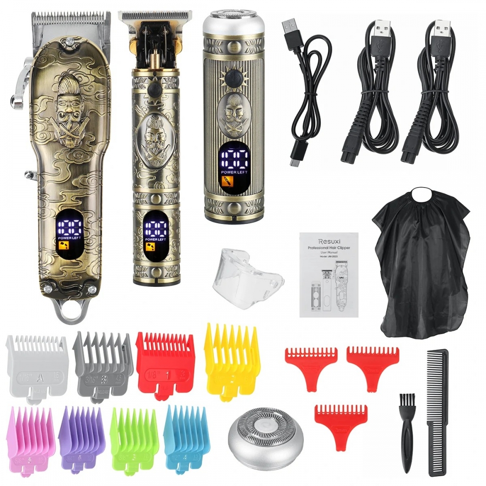 3-in-1 Embossed Retro Hair Clipper LCD Liquid Crystal Display Hair Trimmer High Power USB Charging Hair Shaver