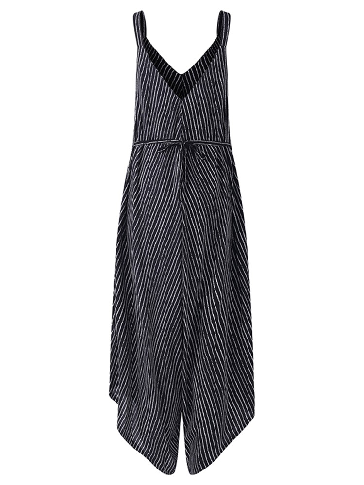 Sexy Women Spaghetti Strap V-Neck Striped Wide Leg Jumpsuit