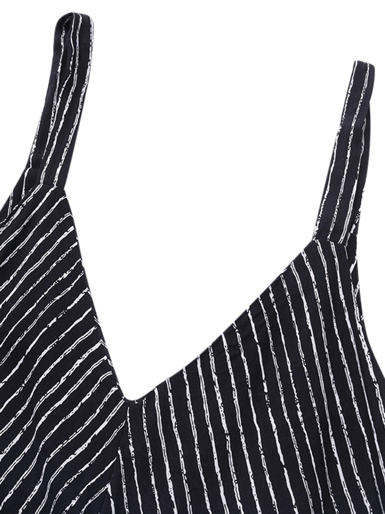 Sexy Women Spaghetti Strap V-Neck Striped Wide Leg Jumpsuit