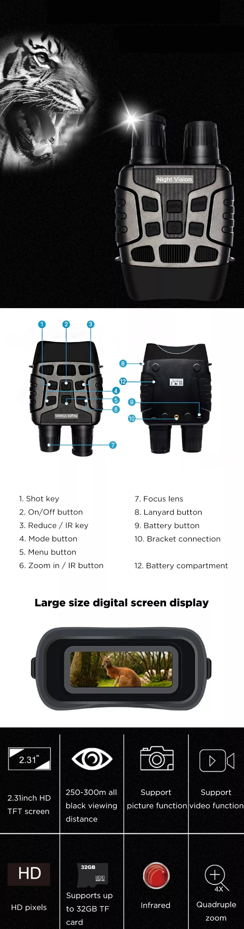 ZANLURE 3X Infrared Night Vision Device Telescope 720P Video Camera 1208x960 Photo Bipods monocular telescope Support TF Card 32G