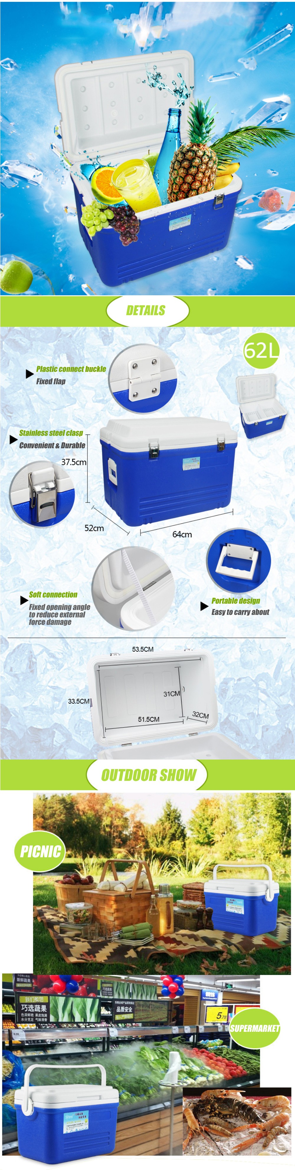 ZANLURE 65L Large PU Thermal Insulation Case Fishing Portable Container Food Insulated Package Picnic Cooler Box