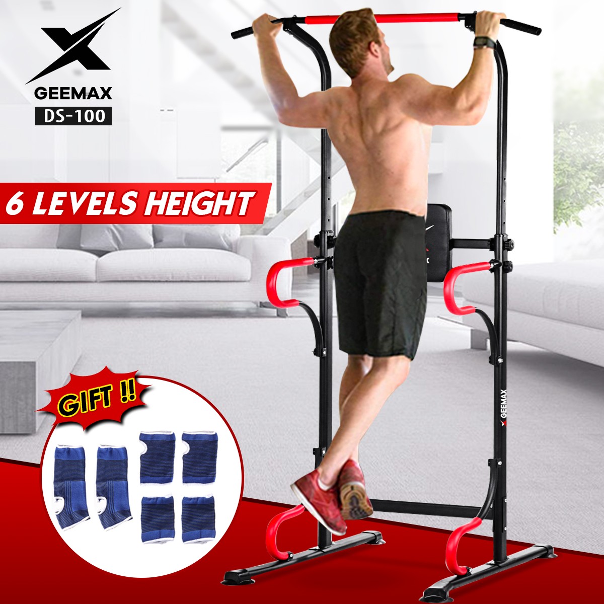 GEEMAX 150-230CM Adjustable Heavy Duty Power Tower Dip Station Pull Up Bar Strength Training Indoor Home Gym Fitness Exercise Tools Dip Tissure Home Gym