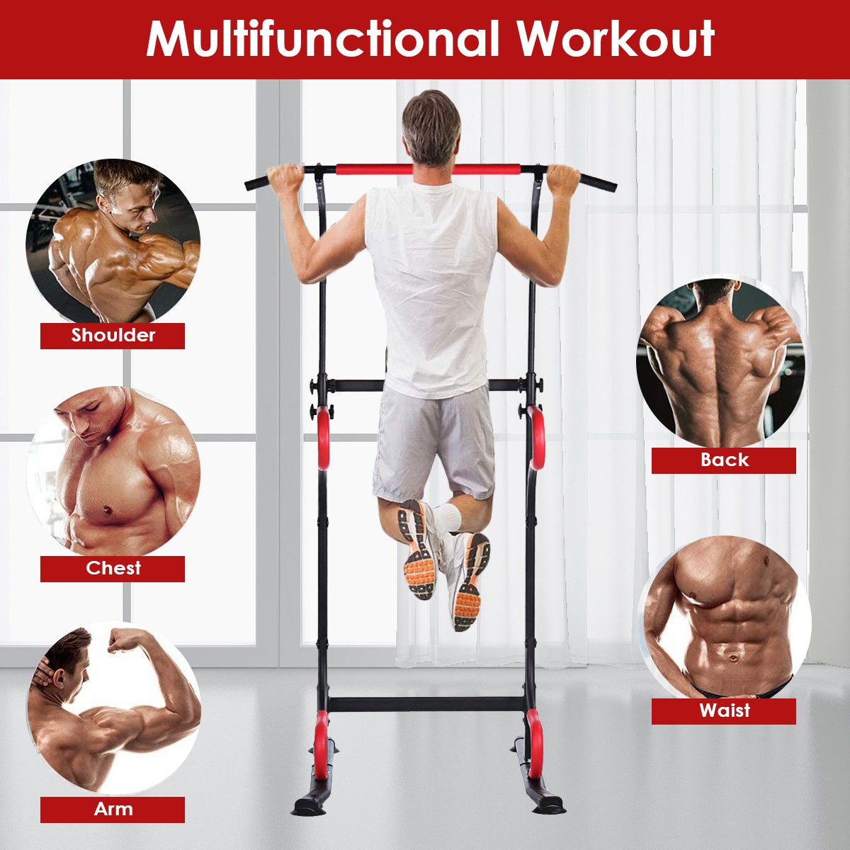 GEEMAX 150-230CM Adjustable Heavy Duty Power Tower Dip Station Pull Up Bar Strength Training Indoor Home Gym Fitness Exercise Tools Dip Tissure Home Gym