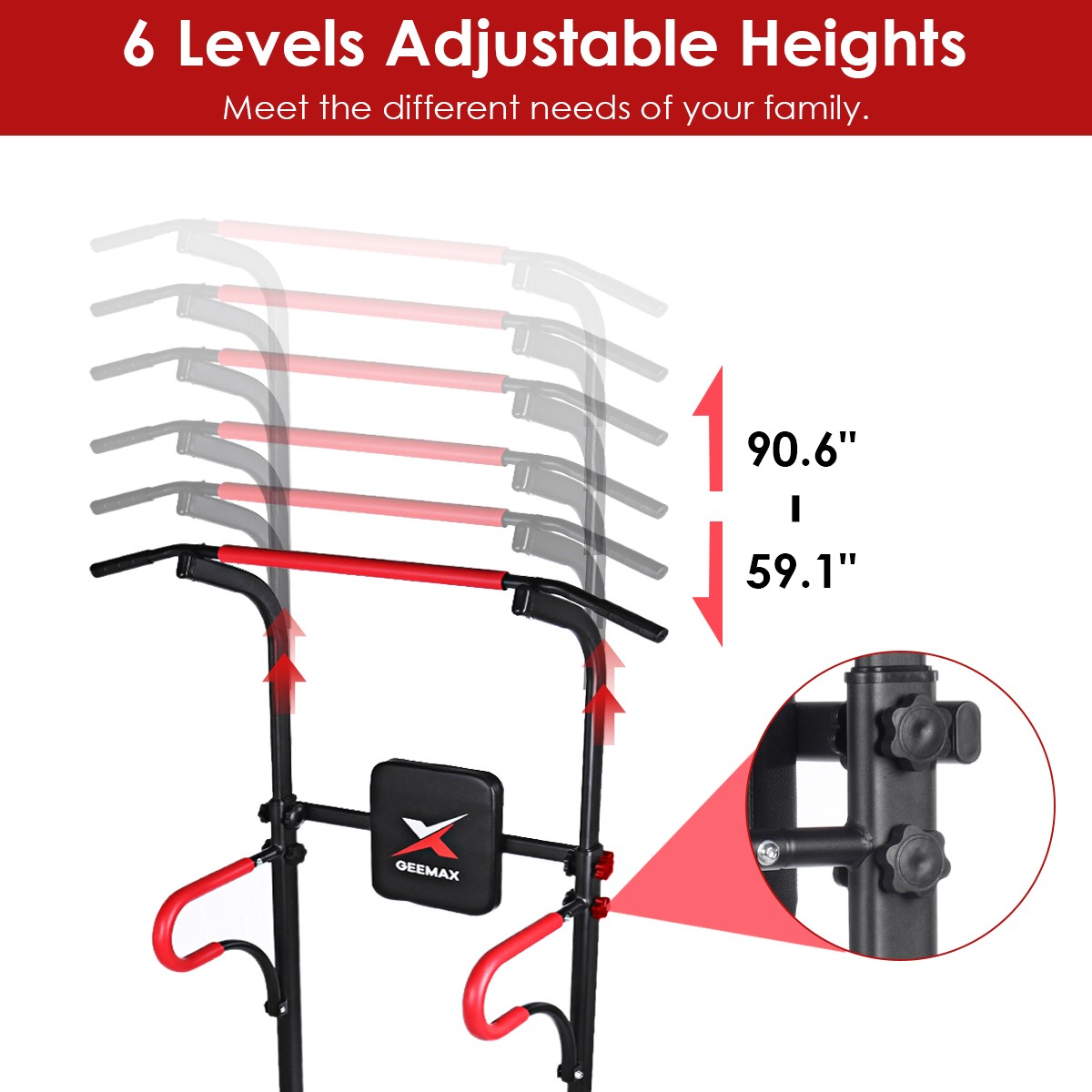 GEEMAX 150-230CM Adjustable Heavy Duty Power Tower Dip Station Pull Up Bar Strength Training Indoor Home Gym Fitness Exercise Tools Dip Tissure Home Gym